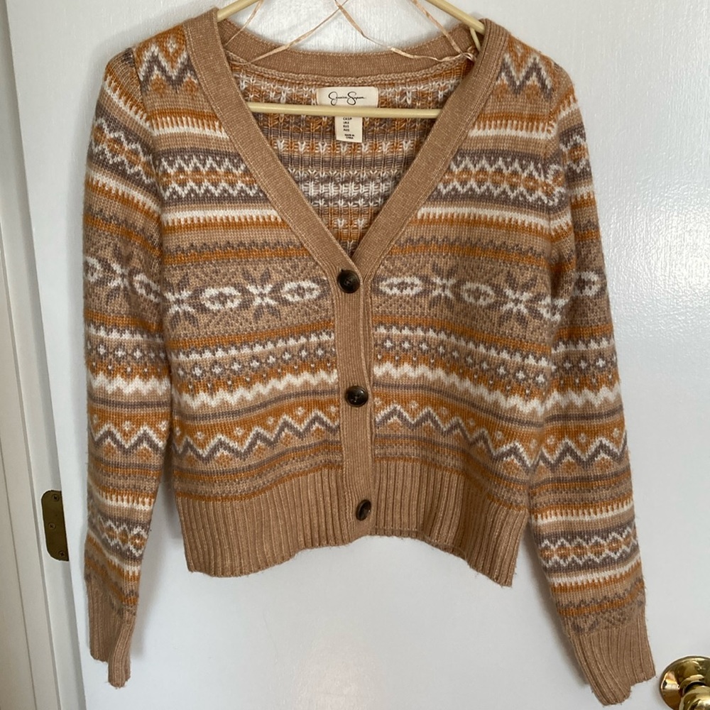 Jessica Simpson, Size S, Tan, Gray, Gold and White multi color printed  Sweater